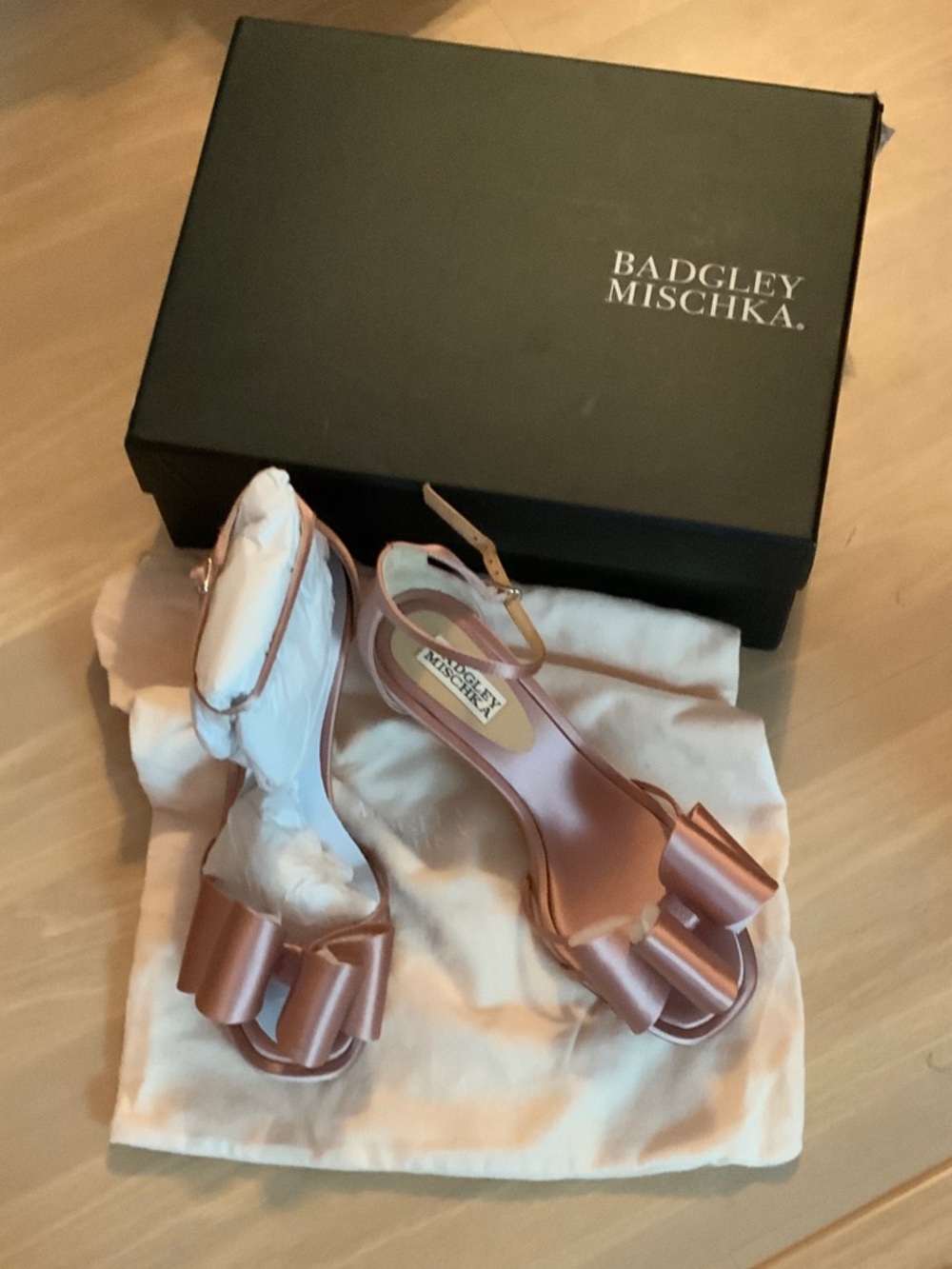 Badgley Mischka Rose Gold Satin Bow Slingback Heels